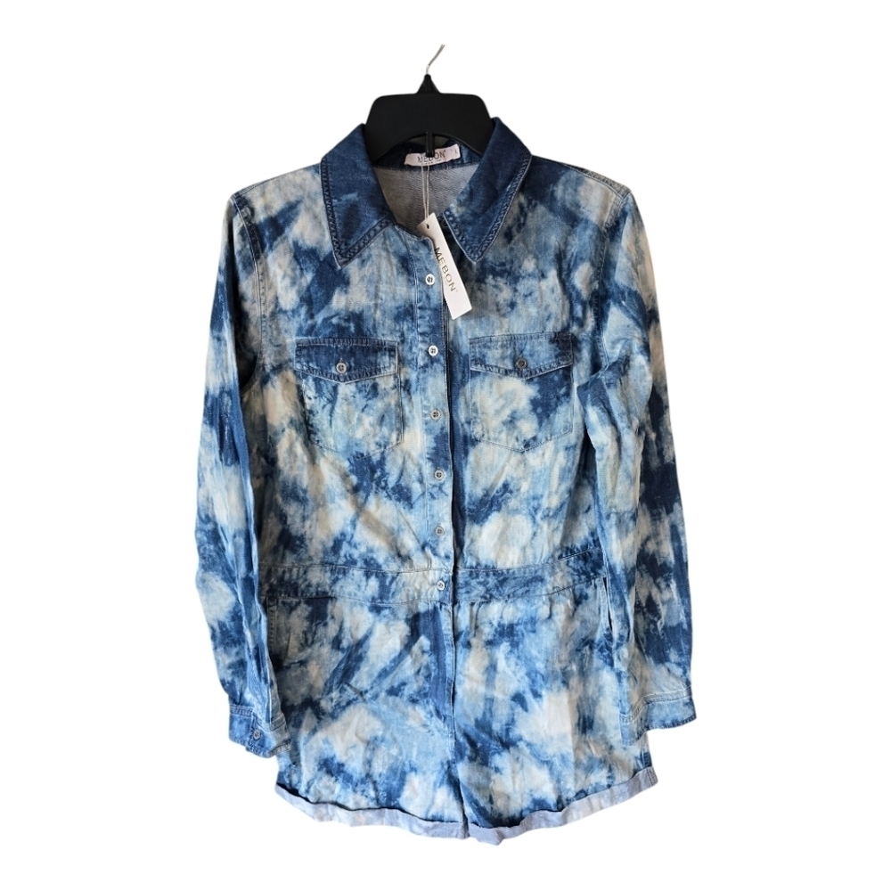 Mebon Machine Chambray Romper Jumpsuit Women L Blue Denim LongSleeve Tye Dye